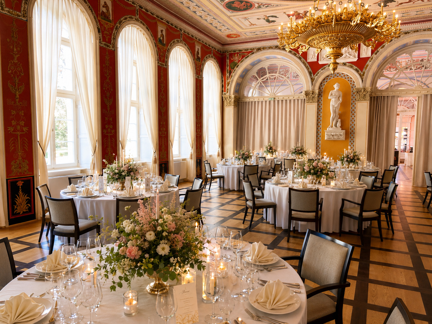 Gelber Saal der Orangerie mit festlicher Hochzeitsdekoration